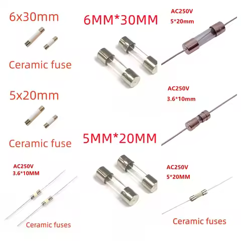 10pcs/lot Fast Blow Glass Tube Fuses 3.6x10mm 5x20mm 6x30mm 250V 3.15A 4A 5A 6A 6.3A 7A 8A 10A 12A15