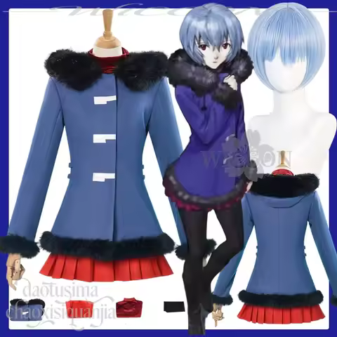 JK School Girls Winter Blue Woolen Coat Anime Reeei Cosplay Mini Red Dress Short Wigs Jirai Kei Y2K 