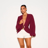 Deep V-Neck Wrap Blouse With Gold Ring Detail And Bishop Balloon Sleeves - Elegant Evening Top For H