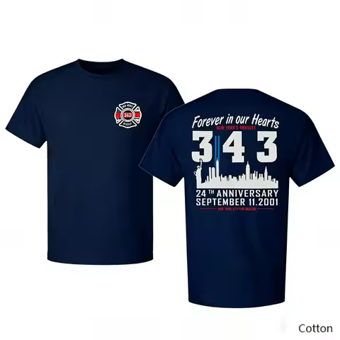 FDNY 343 9/11 24th Anniversary Double Sided T Shirt, 100% Cotton Unisex, Firefighter Memorial Street