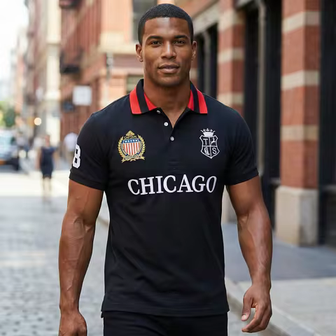 Men's polo shirt USA Chicago short sleeve Royal leisure sports party cotton embroidered with slit co
