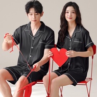 2025 new short-sleeved couple pajamas thin womens summer lapel ice silk loungewear mens large-size s
