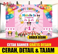Cetak Banner / Backdrop Spanduk Ulang Tahun Ultah Anak perempuan karakter Tsum-tsum dengan foto se