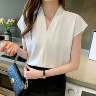 [8210]Women's Short-Sleeved V-Neck Design Shirt Korean Fabric Work Style New Fashion 2026