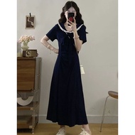 dark blue lace trimmed sailor collar school style women dress (RS5673)