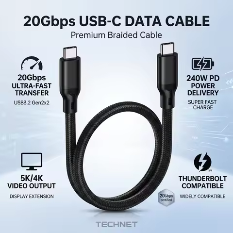 USB C Data Transfer Cable USB3.2 Gen2x2 PD 3.1 240W 20Gbps 5K 4K Monitor Cable for Laptops Thunderbo