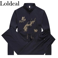 Loldeal Men Long Sleeve Embroidery Dragon Shirt Pant Chinese Traditional Mandarin Collar Kung Fu Set