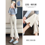 150-148 Short Eight-point White Flared Jeans Women 2026 Spring Irregular Split 9-point Flared