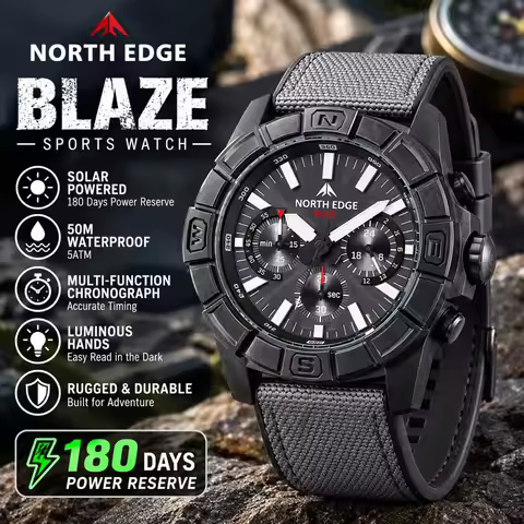 NORTH EDGE BLAZE Men's Watches Solar Power 316 Stainless Steel Case Quartz Watch For Men Pilot Sport