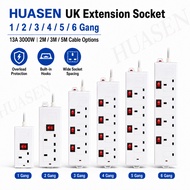HUASEN UK Plug Extension Socket Power Strip 1/2/3/4/5/6 Gang 13A 3000W with Switch 2M/3M/5M Cable