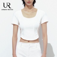 เสื้อครอปเอวลอยสำหรับผู้หญิงเสื้อยืดรัดรูปจาก URBAN REVIVO