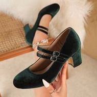 [MISS ROSIE]Women's Elegant Fashion High Heels Mary Jane Shoes T-Strap Round Toe Low Vamp Chunky Hee