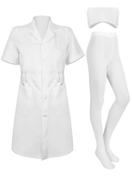 3 Nurse Set for Women White Short Sleeve Professional Medical Lab Coat Nurse Cap Solid Color Footed