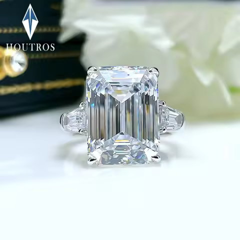 5/10 Carat Emerald Cut Moissanite Engagement Rings for Women D Color VVS1 Three Stone Diamond Ring W