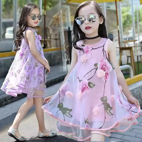 New 2025 Flower Floral Print Girls Dress Summer Baby Girl Dress Children Sleeveless Birthday Party K