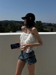 เสื้อกั๊กผ้าลูกไม้สั้นสำหรับผู้หญิง WARDEN EDGE French Twist White Lace Vest Sleeveless Crop Top Str