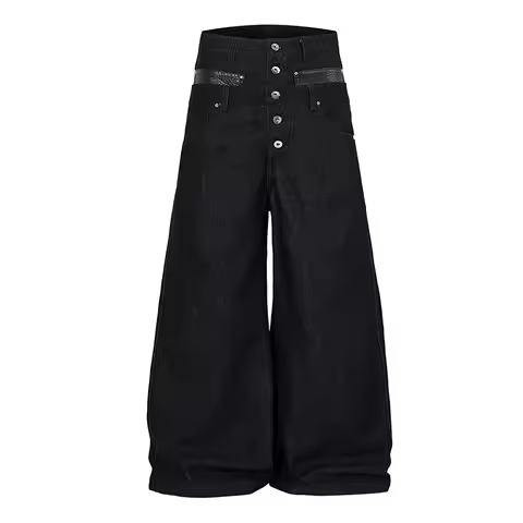 Vintage Hi Street Black Jeans Pants Rivet Style Leather Patchwork Denim Trousers For Male Loose Fit