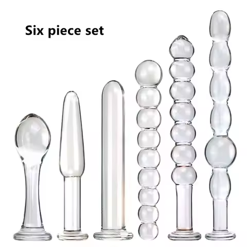 Small glass anal plug six piece set with beads, dual-use for masturbation, anal opening, and posteri