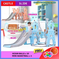 HOBBY TREE Castle Tower 3 in 1 Swing And Slide Indoor / Outdoor Mini Playground With Basketball Hook