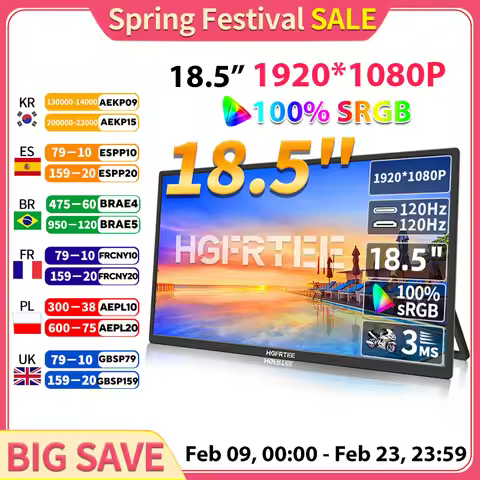 HGFRTEE 18.5inch 120Hz 100%RGB Portable Monitor Laptop Extended Display ADS-IPS HDR Screen With VESA