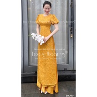 LEOSWEARING set of 4-panel ao dai with round neck and pearl buttons, short puffed sleeves mixed with