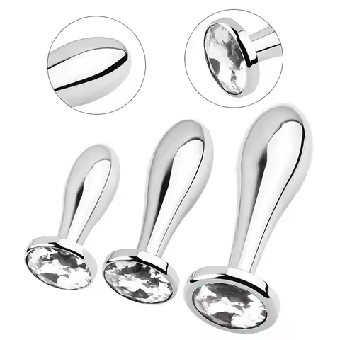 Stainless Steel Crystal Butt Plug Set, Smooth Metal Anal Plug with Diamond End, Beginner & Couples T