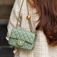 Chanel抹茶綠CF金球金珠 方胖子鏈條包 芯片款  99新配件塵袋