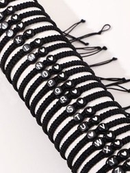 1入組最新款式黑色繩鏈手工編織亞克力首字母心形手鍊男士珠寶丈夫禮物