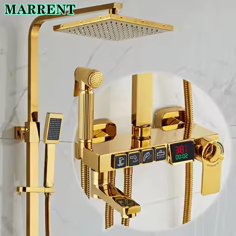 Gold Digital Shower Set Quality Brass Hot Cold Bathroom Shower Faucets Tap Rain Shower Head Golden T