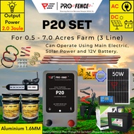 PRO FENCE P20 Energizer 1.6MM Set for 0.5 - 7.0 Acres Aluminium Wire Solar Panel Electric Fence Set 