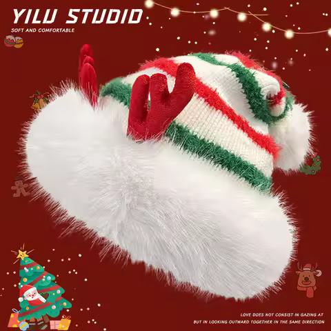 Red Antler Earflap Knit Hat Winter Christmas Warm Fuzzy Beanie for Women