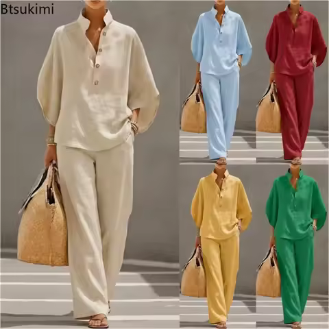 Fashion Women's Cotton Linen Button Stand Collar 9 Quarter Sleeves Loose 2-piece Sets Summer New Ret