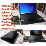 Asus X75Vb Core i7-3612QM 8gb ram 500gb hdd 17.3inch Windows10 NV 720m-2g Price: 8,400