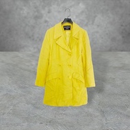 二手 鮮黃色 微毛料 織紋 雙排釦 口袋 長版 外套 大衣 OPME28