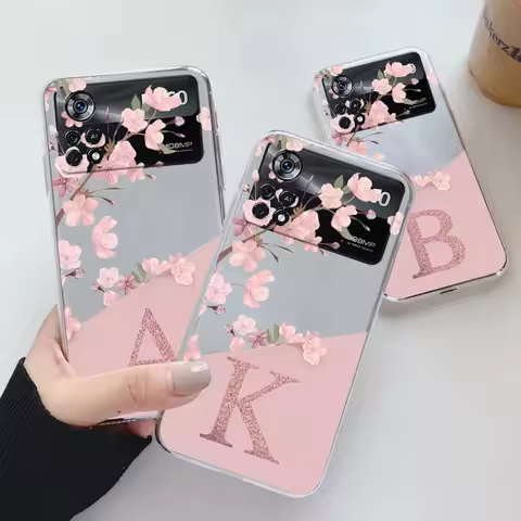 For Poco X4 Pro 5G Poco M4 Pro Case Soft Slim Luxury A-Z Letters Back Cover Fundas Flowers Clear Bum
