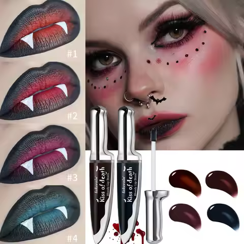 Gothic Bloody Lip Stain Matte Dark Red Green Halloween Lip Glaze Tint Knife Shaped Bottle Vampire Li