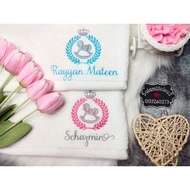 Rocking Horse Towel Baby Sulam Nama Cotton Sulamilicious Tuala mandi newborn budak taska tadika Serap Air Birthday Gift