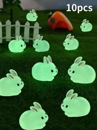 10入組微型夜光兔子雕像（單一尺寸：1.9*2.5 公分）創意樹脂工藝微型動物盆栽裝飾品家居飾品