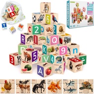QUOKKA Montessori Wooden Blocks for Toddlers 1-3 - 35 Realistic ABC Learning Baby Blocks