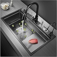 BYRCAL Squares, Single Bowl Black Brushed Bar Sink, Step Type Vegetable Washing Stainless Steel Sink, With Faucet(Size:75x45x24cm,Color:Black-grey)
