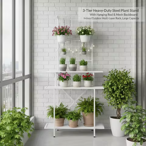3-Tier White Plant Stand 90x46x200cm, Heavy Duty Steel Flower Shelf with Hanging Rod, 220 lbs Capaci