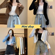 Mini shop (129-1) Long-Sleeved Cardigan Knitted Fabric Elastic Sleeve Detail Plain Color Ribbed -C