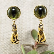 Olive Green Glass Cat Eye Evil Eye Gold Cat Kitten Protection Earrings Jewelry