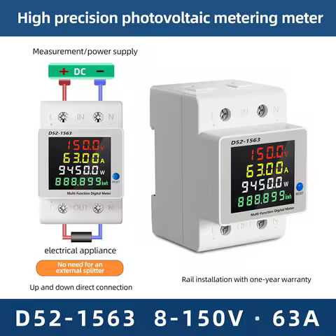 D52-3065 Rail-Mounted Single-Phase 4-in-1 DC Electricity Meter, DC8-150V 63A LCD Digital Voltage Met