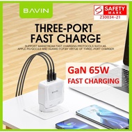 BAVIN 65W GAN Charger UK Plug 3 Ports Super Fast Charging Power Adaptor QC PD Fast Charging Mini Por