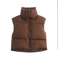 Brown Cropped Sleeveless Down Jacket Vest Coat Female Stand Collar Zipper Waistcoat Autumn Winter L