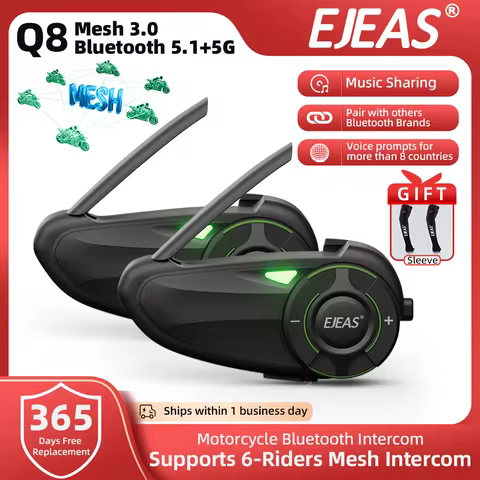 EJEAS Q8 Motorcycle Intercom Headset IP67 Mesh3.0 Technology To Support Channel Switching Type-C Cha