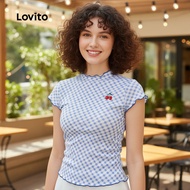 Lovito Women's Casual Embroidered Blue T-shirt for Spring/Summer L151AD476
