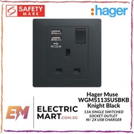 Hager Muse WGMS113SUSBKB 13A Single Switched Socket Outlet w/ 2x USB Charger (Suitable for BTO switch HDB)