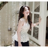 Off-the-shoulder polka dot peplum shirt HT650, with real photo